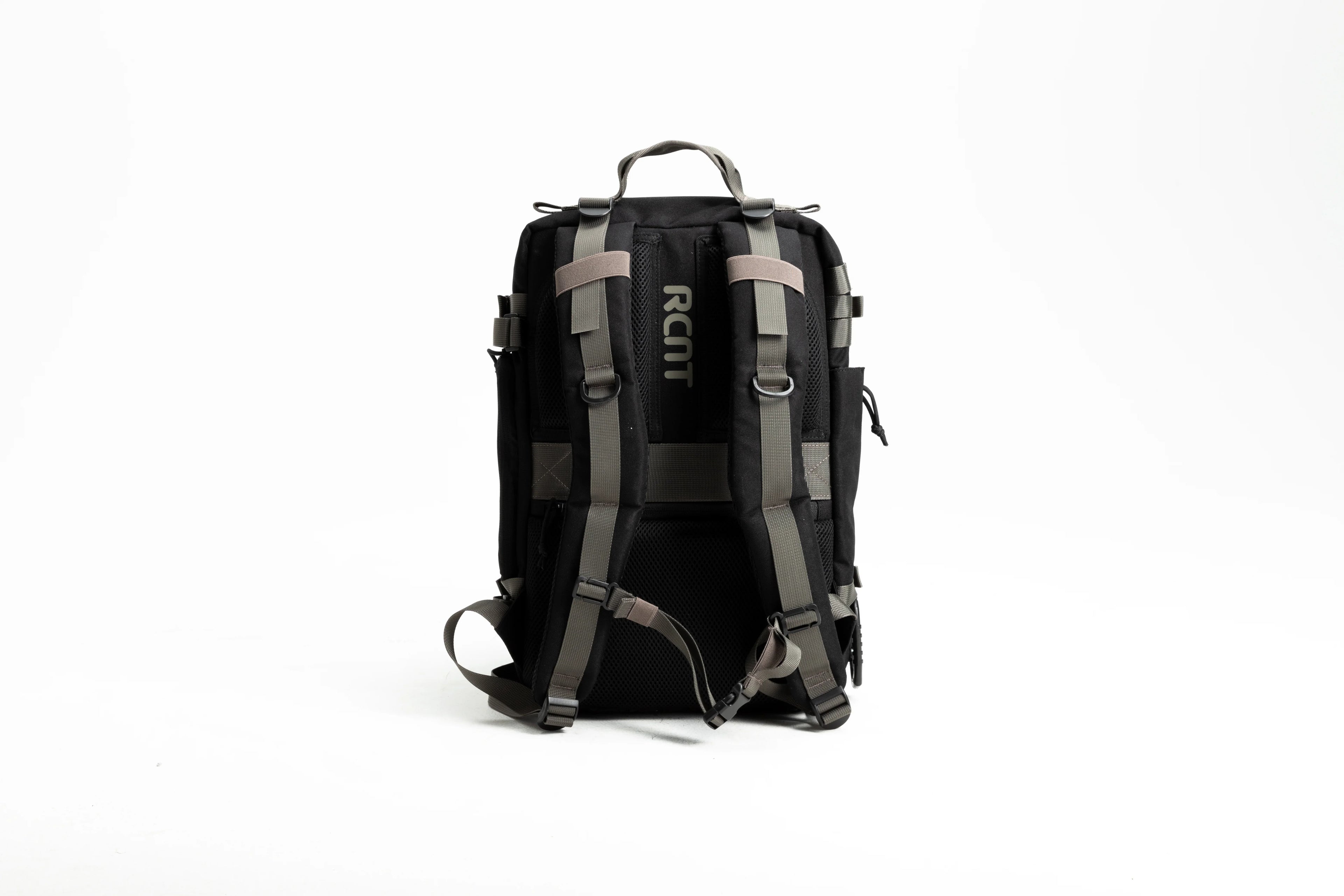 Back view of black and gray RCNT branded backpack with padded straps on white background