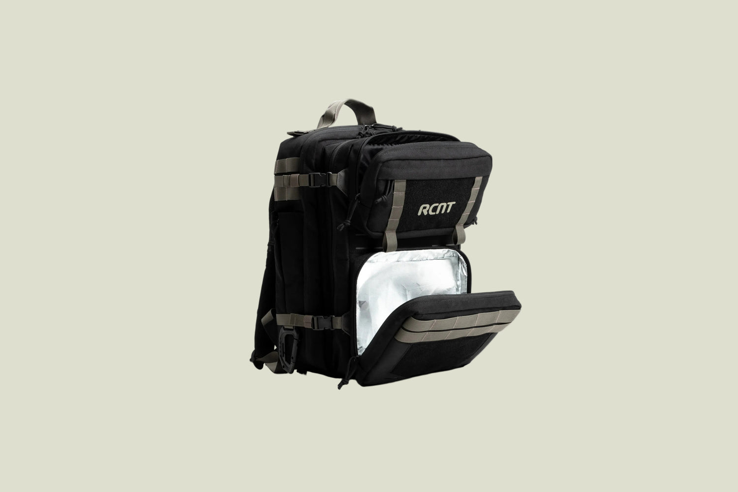 Black backpack with insulated front pocket, tan straps, and RCNT logo on white background