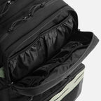 Black backpack with open zipped compartment showing interior organizer pockets and elastic sections