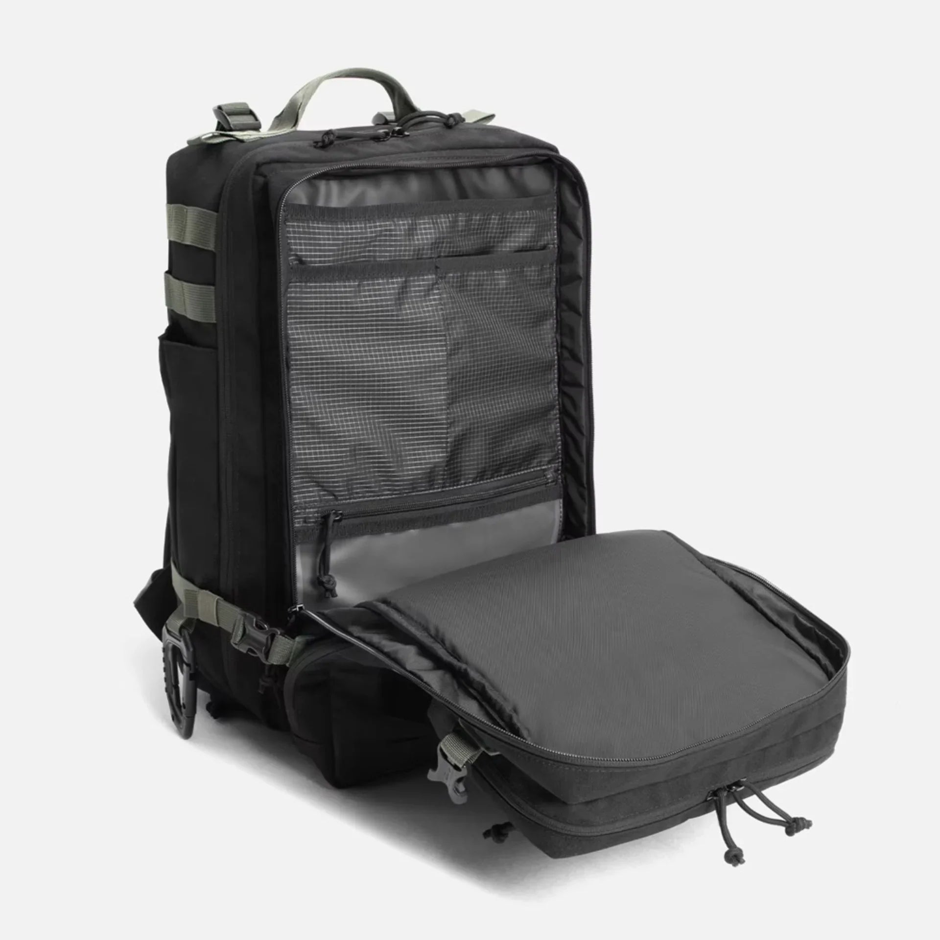 Black backpack with open front compartment showcasing multiple interior pockets and organized storage