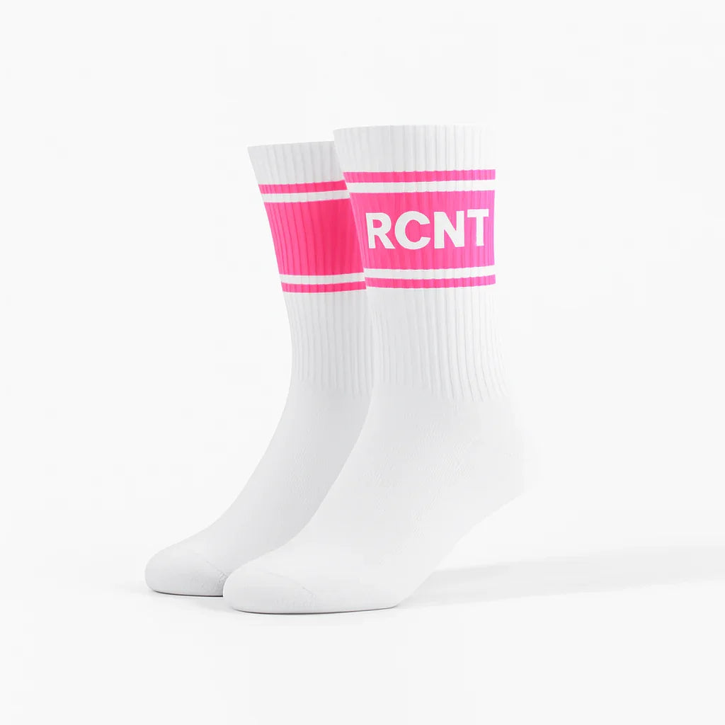 Pair of white crew socks with neon pink retro stripes and RCNT text band