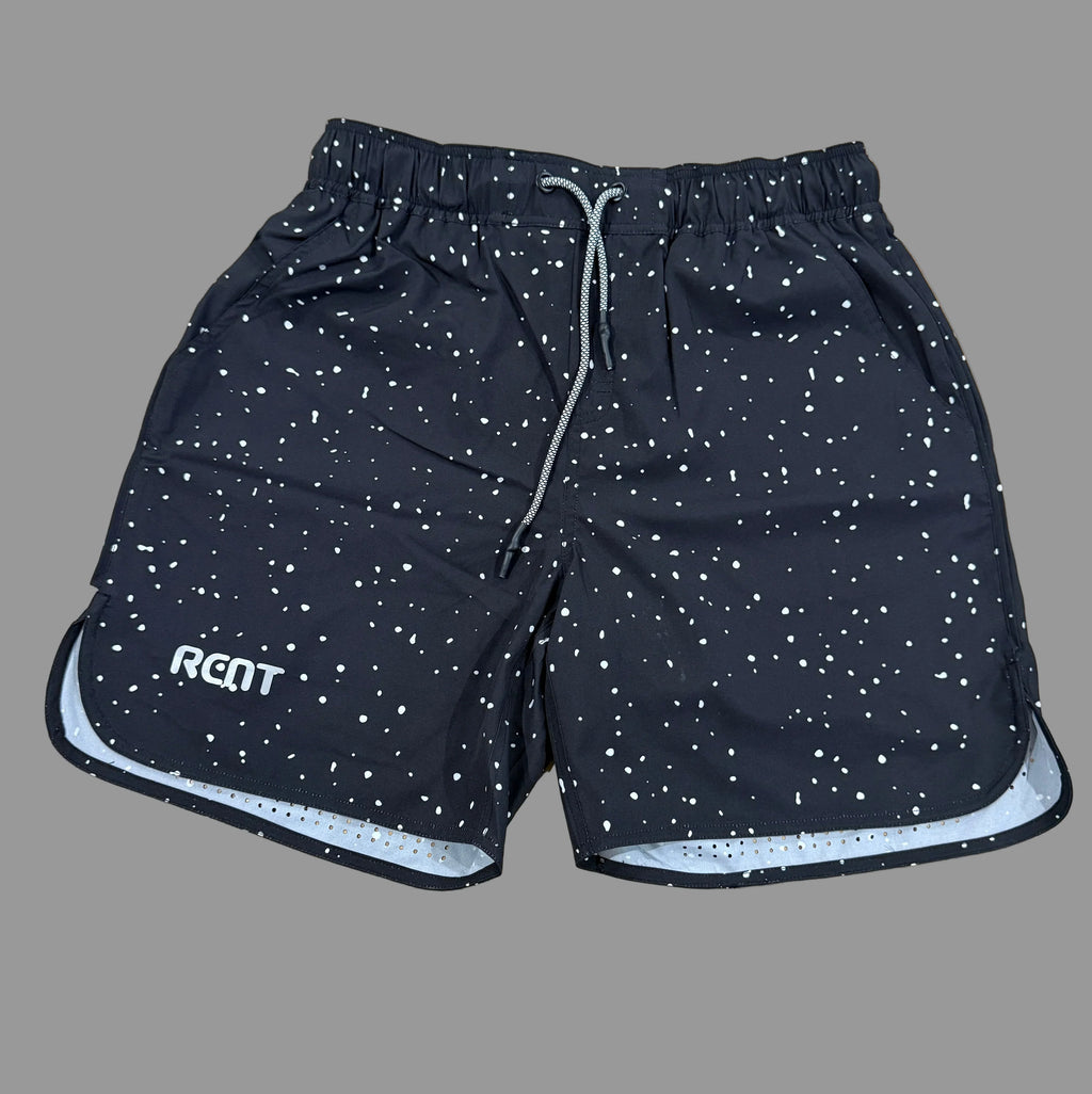 Black athletic shorts with white speckled pattern and RCNT logo on left leg