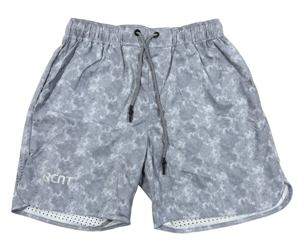 Grey marbled athletic shorts with elastic waistband, drawstring, and RCNT logo