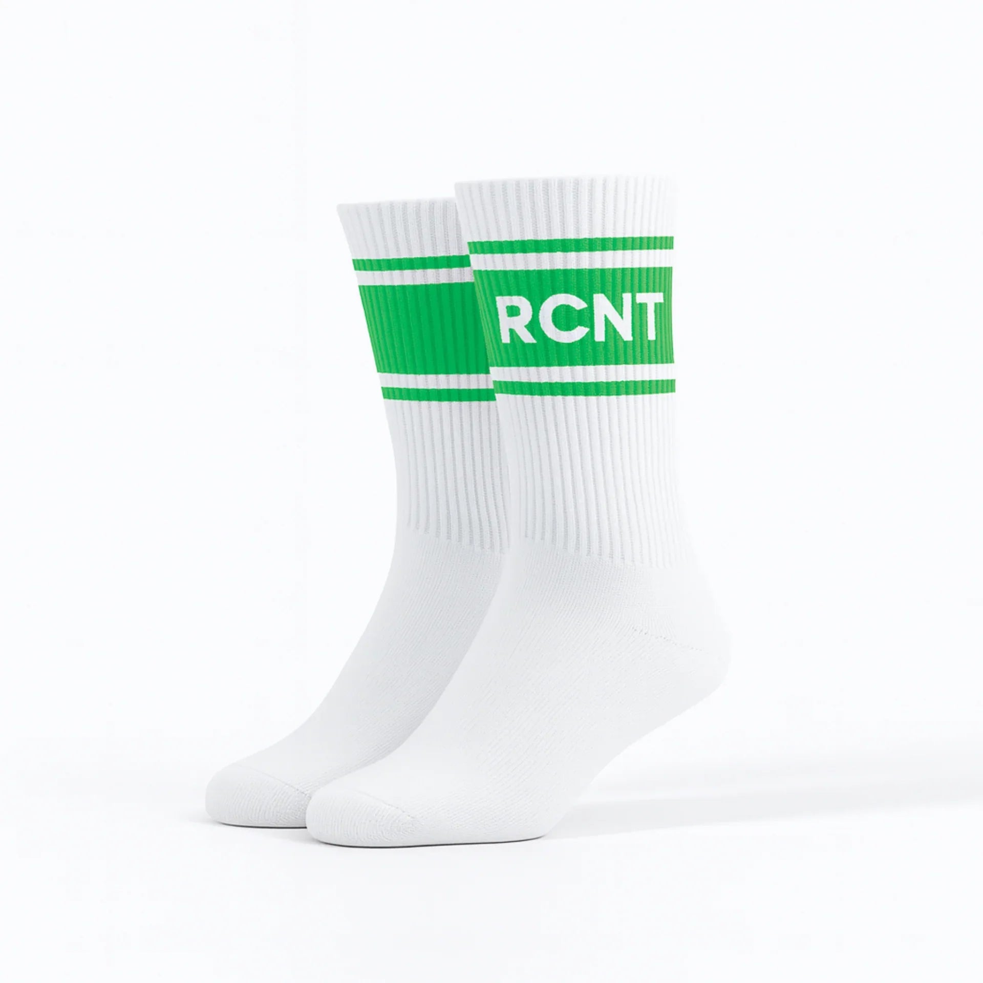 Pair of white crew socks with green stripes and RCNT logo in retro style