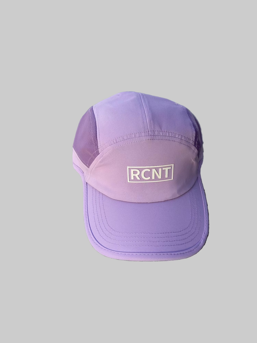 Top view of a purple five-panel cap with RCNT logo on the front panel