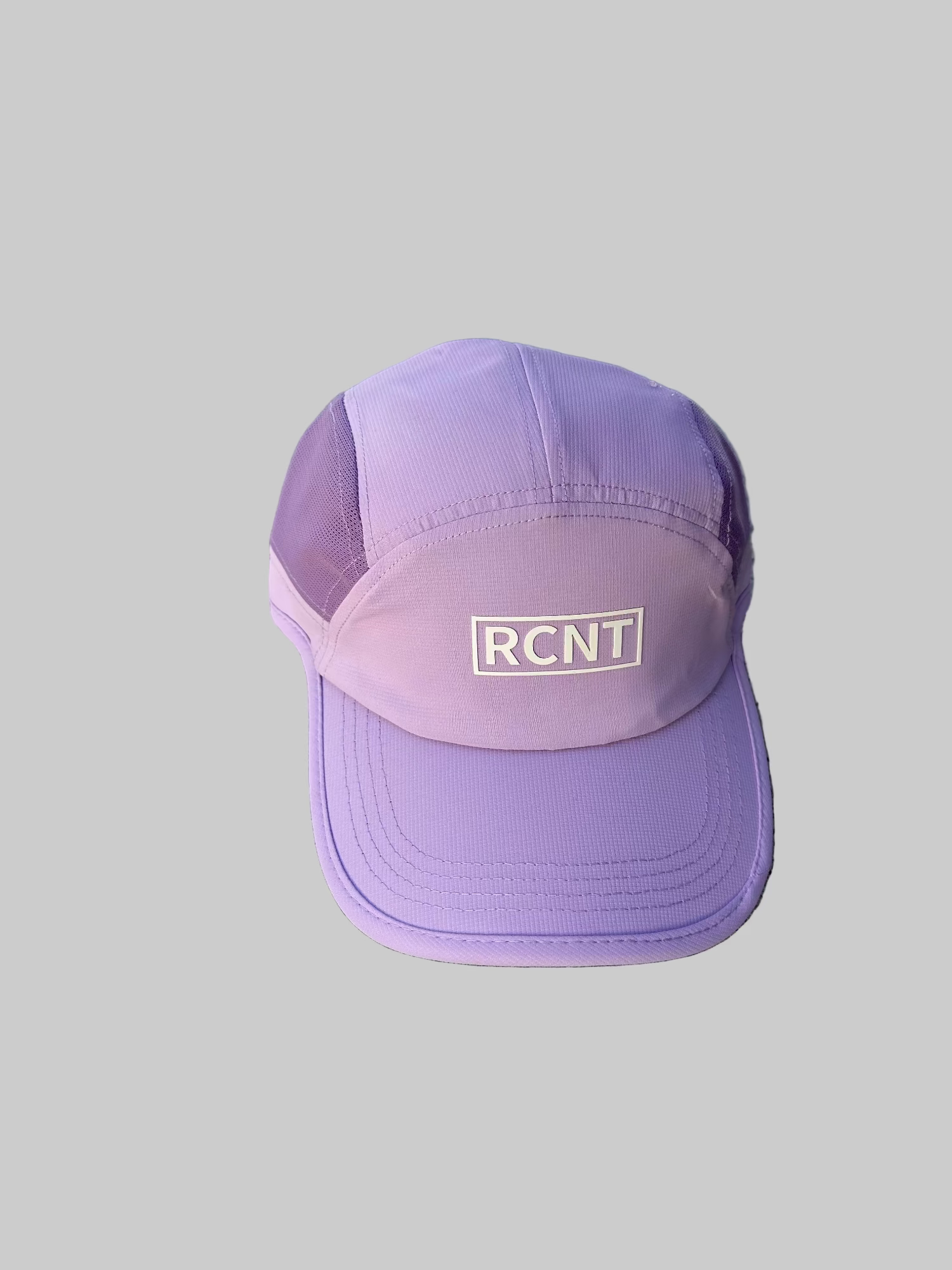 Top view of a purple five-panel cap with RCNT logo on the front panel