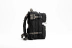 Side view of black tactical backpack with multiple compartments and adjustable straps on white background